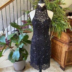 Lillie Rubin Vintage Black Lace Halter Dress Size 6 Black Sequins Cocktail Dance